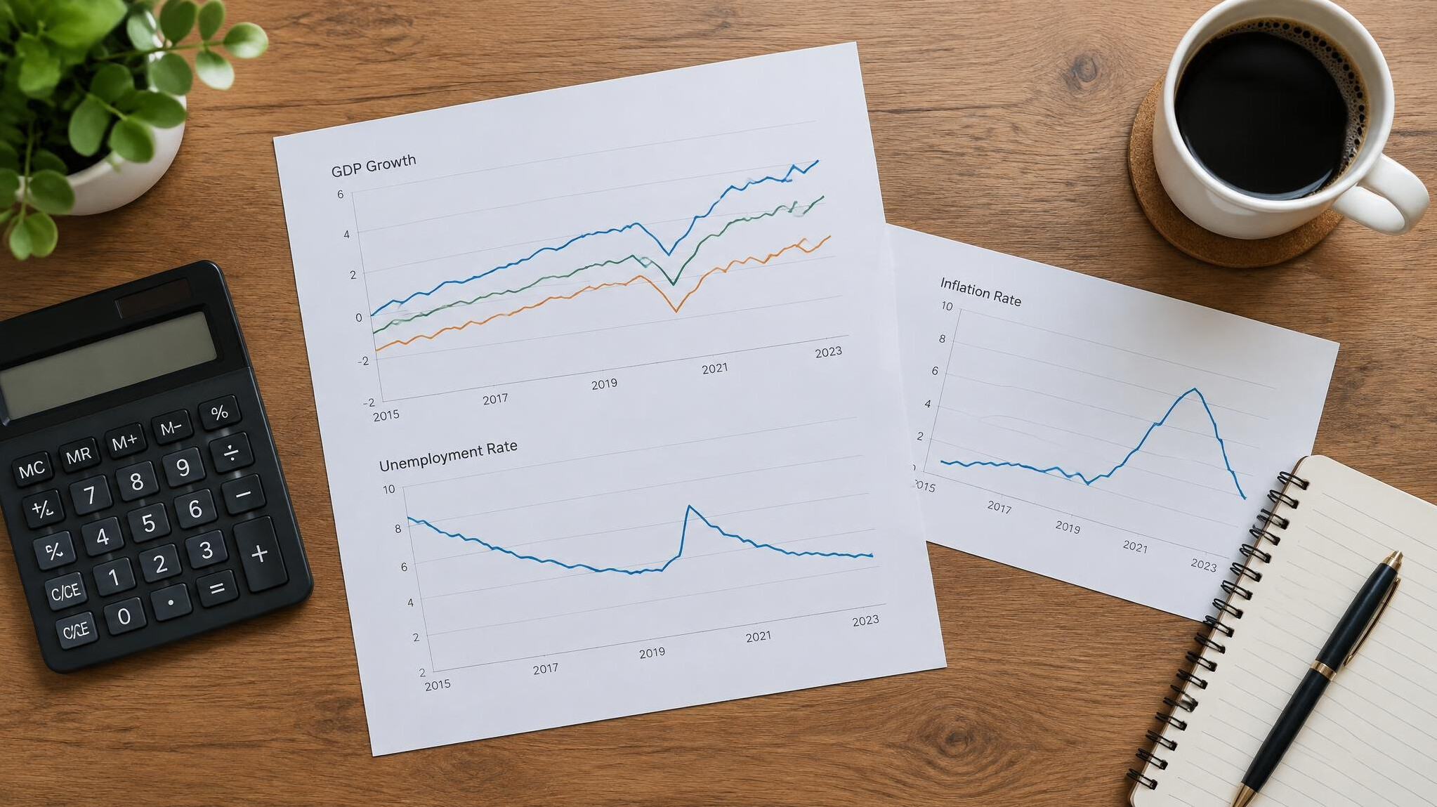 Desk with financial charts printed on paper, calculator and coffee