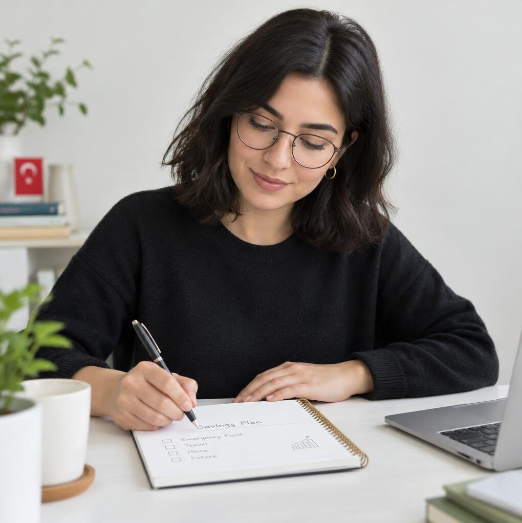 Woman with glasses writing a savings plan in a notebook