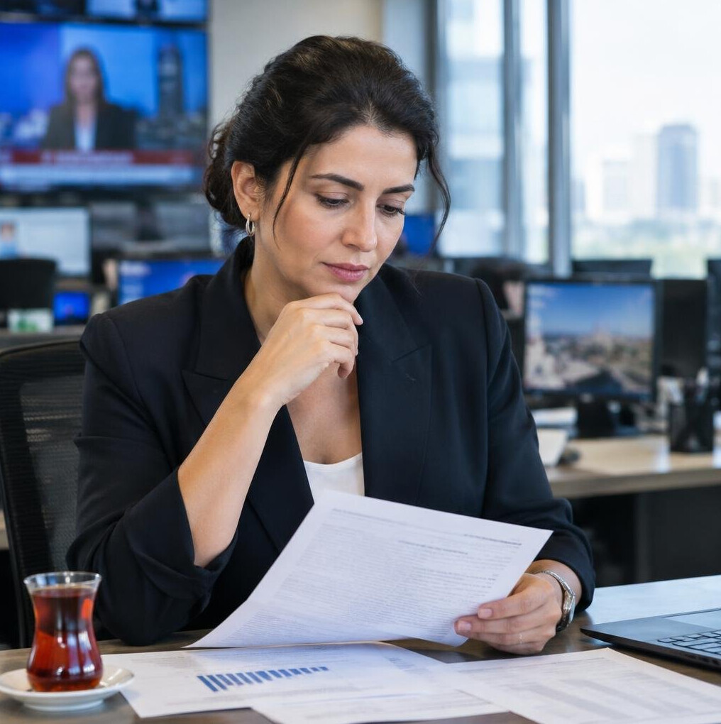 Female journalist editor reading documents at a newsroom desk