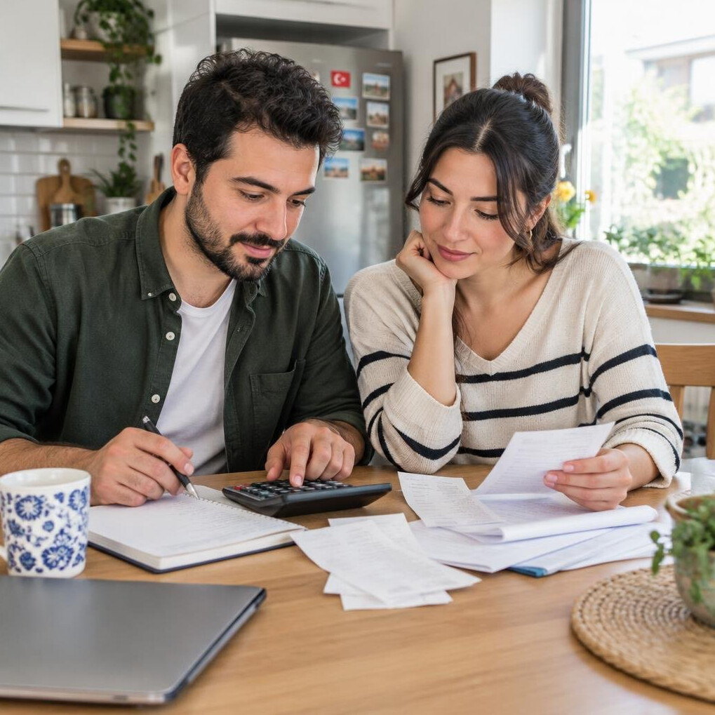 Young couple planning household expenses together at a table