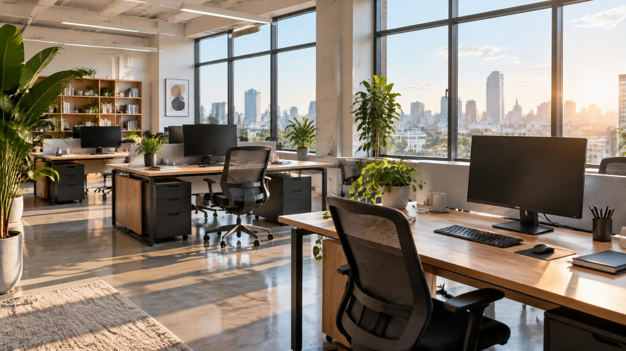 Bright editorial office with desks and large windows