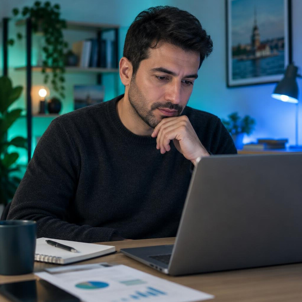 Man reviewing a personal budget on a laptop at a desk