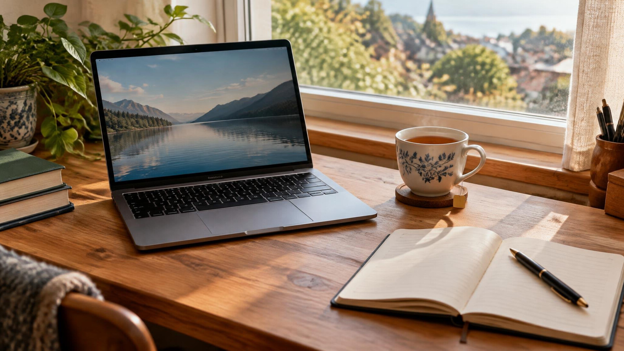 Cozy desk with laptop, notebook and a cup of tea by a window