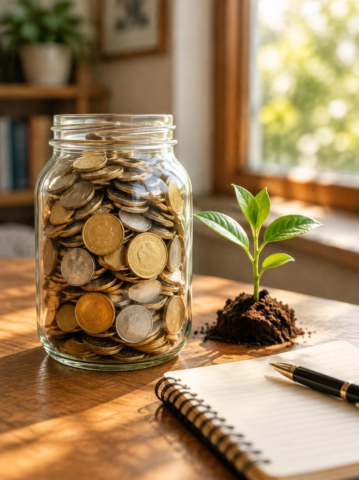 Glass jar filled with coins next to a small plant on a wooden table